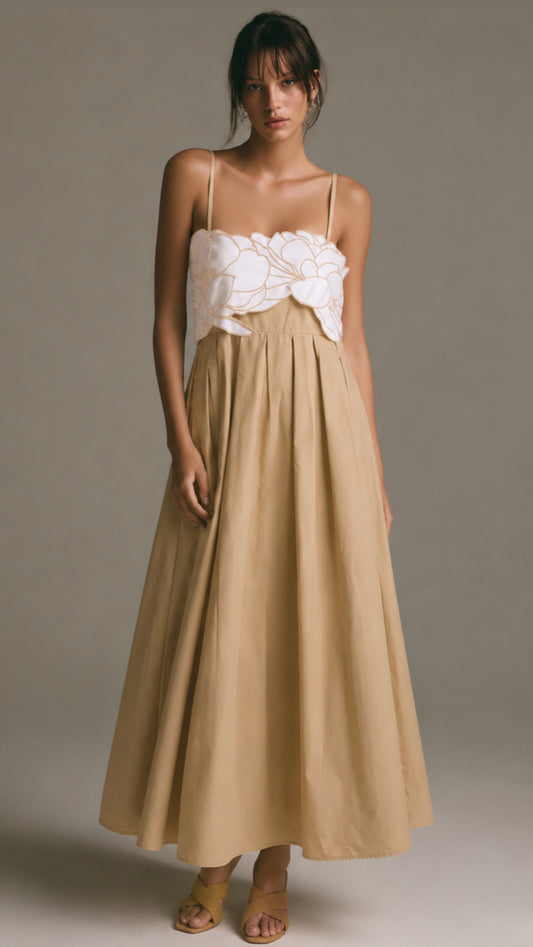 Kalani Floral Embroidery Pleated Maxi Dress