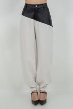 FAUX PU LEATHER COMBO TROUSERS WITH ADJUSTABLE BOTTOM