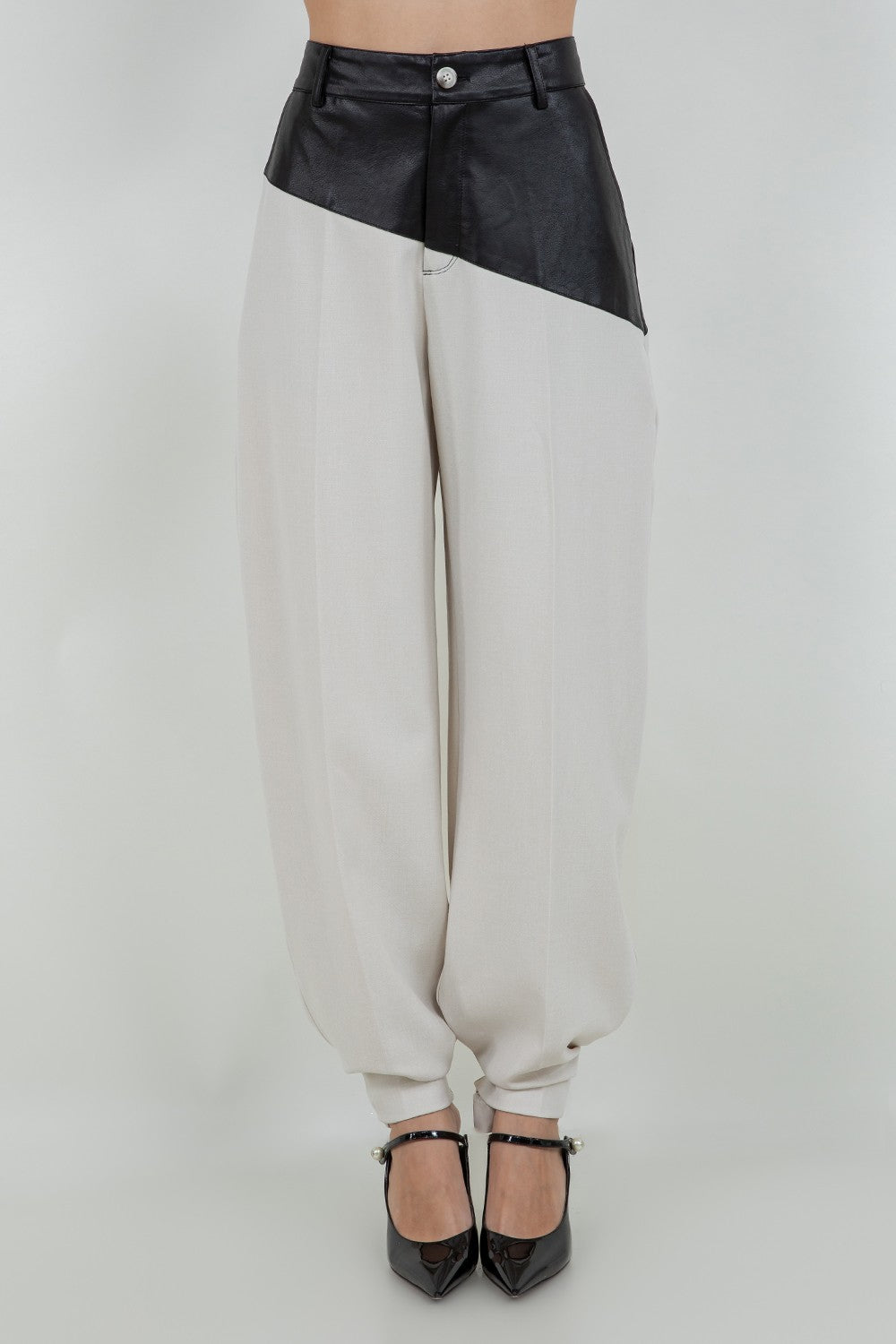 FAUX PU LEATHER COMBO TROUSERS WITH ADJUSTABLE BOTTOM