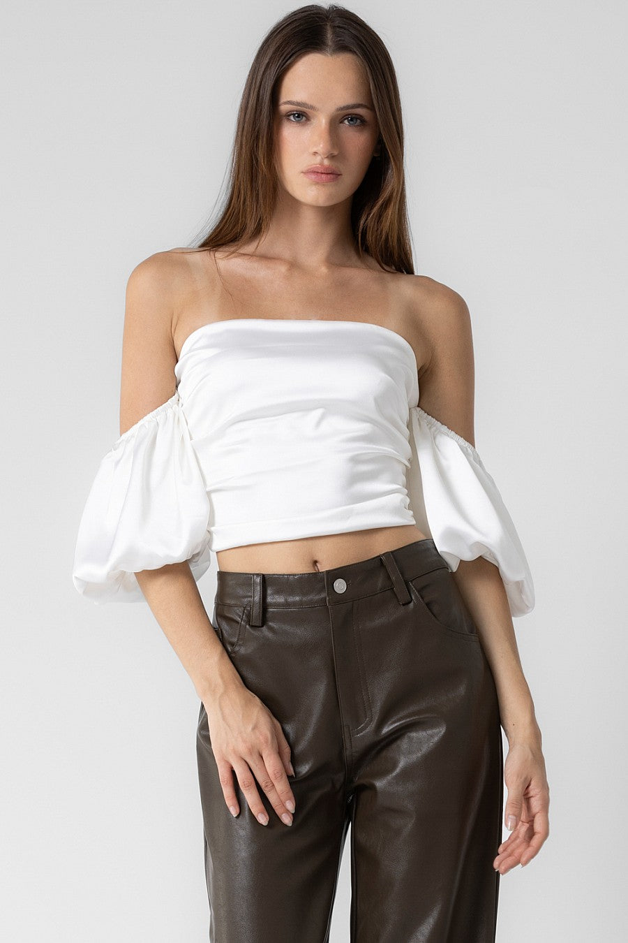 SATIN SHIRRED OFF THE SHOULDER TOP