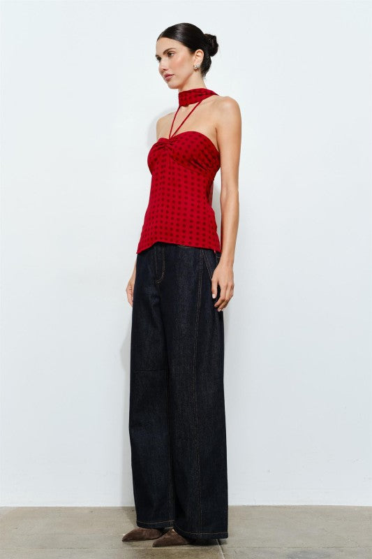 red and black polka dot print top