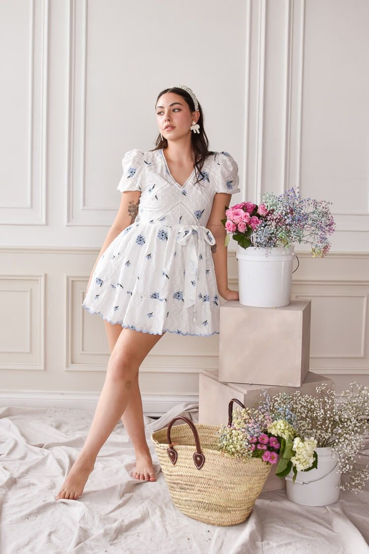 Blue Embroidered Flower Mini dress