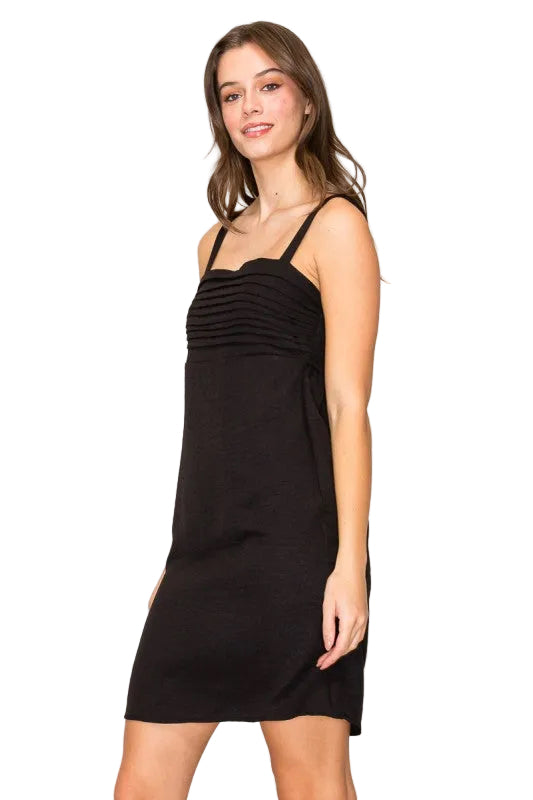 FAUX LINEN PLEATED MINI DRESS