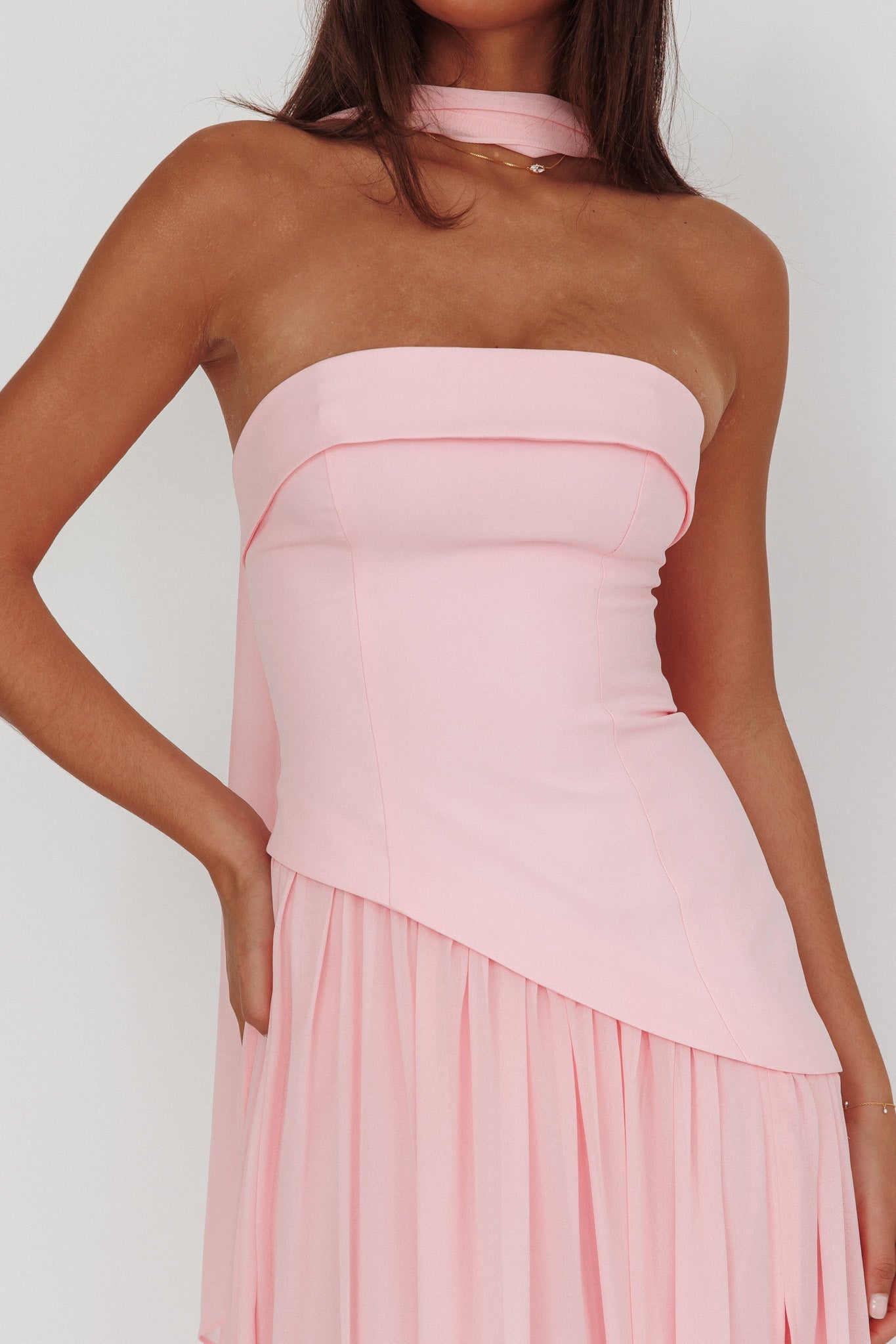 Rosewater Roads Strapless Maxi Dress.