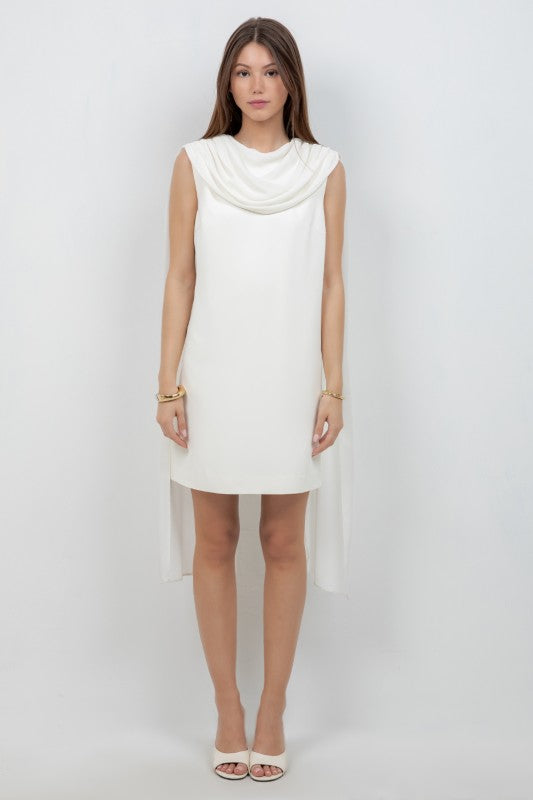 WOVEN MINI DRESS WITH ATTACHED CHIFFON SCARF