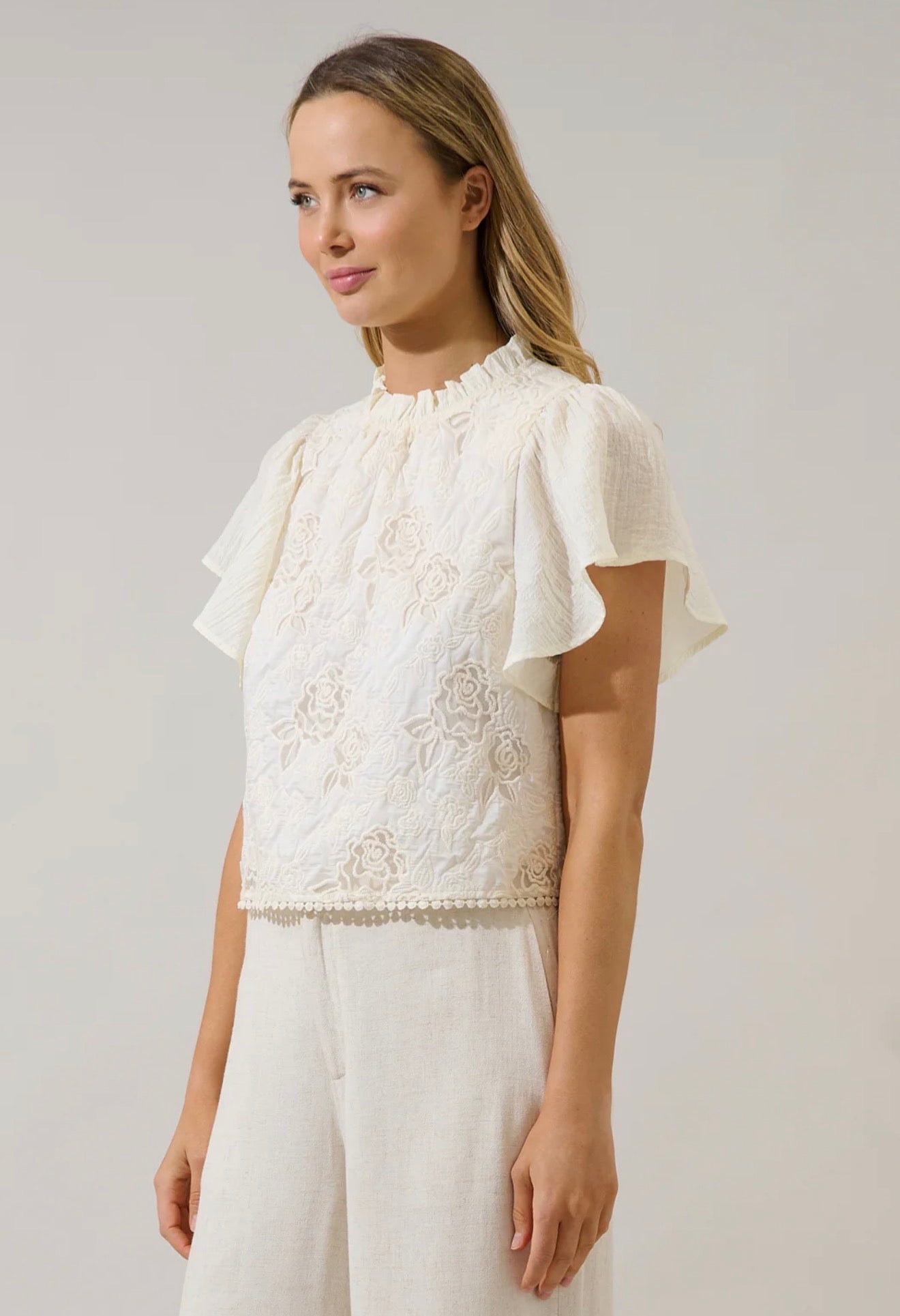 Gretal Embroidered Flutter Sleeve Top