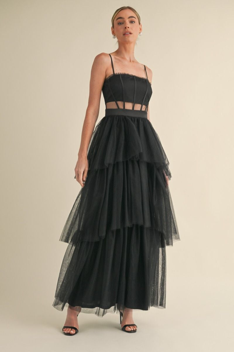 tulle mesh ruffle tiered maxi dress