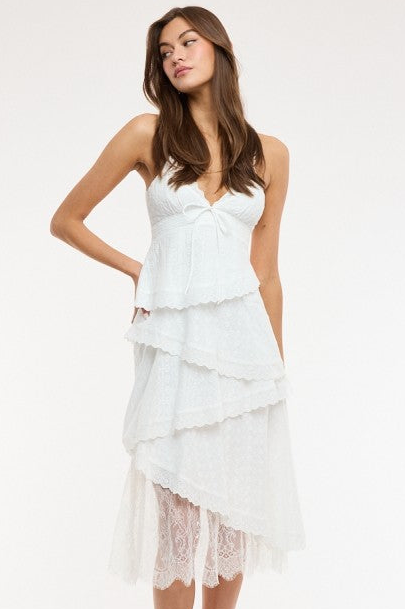 White Eyelet Asymmetric Layered Lace Midi Dress
