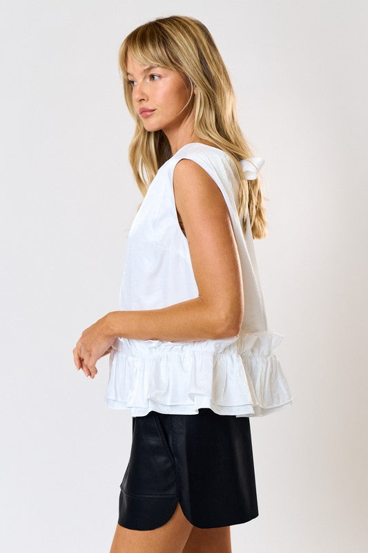 METALLIC RUFFLED BOAT NECK SLEEVELESS
TOP