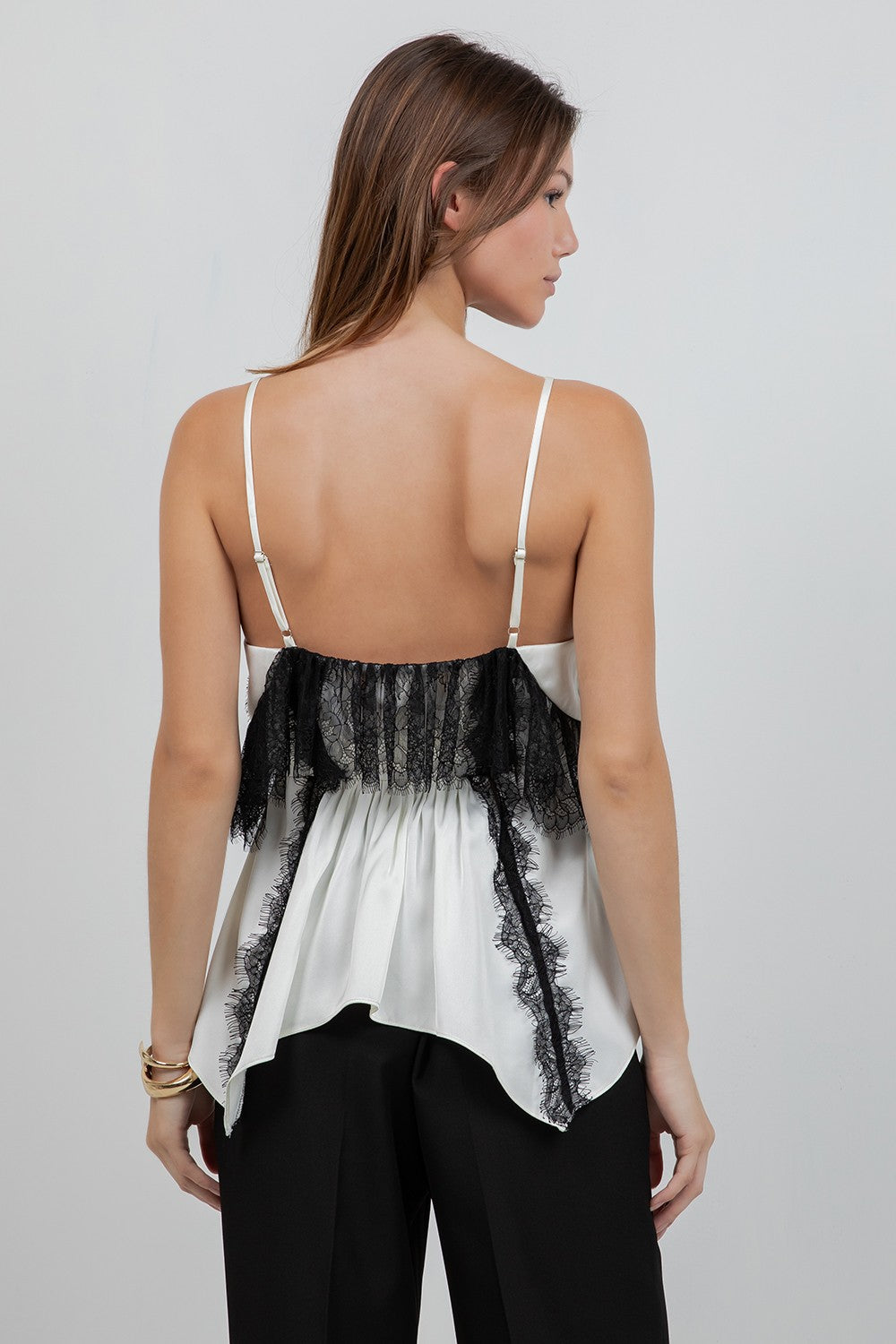 LACE MIXED SATIN CAMI TANK TOP - IVORY/BLACK