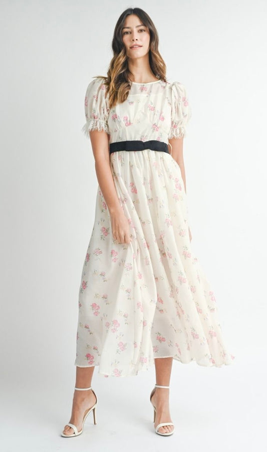 Floral print puff lace trim sleeve midi dress with black front bow belt detail