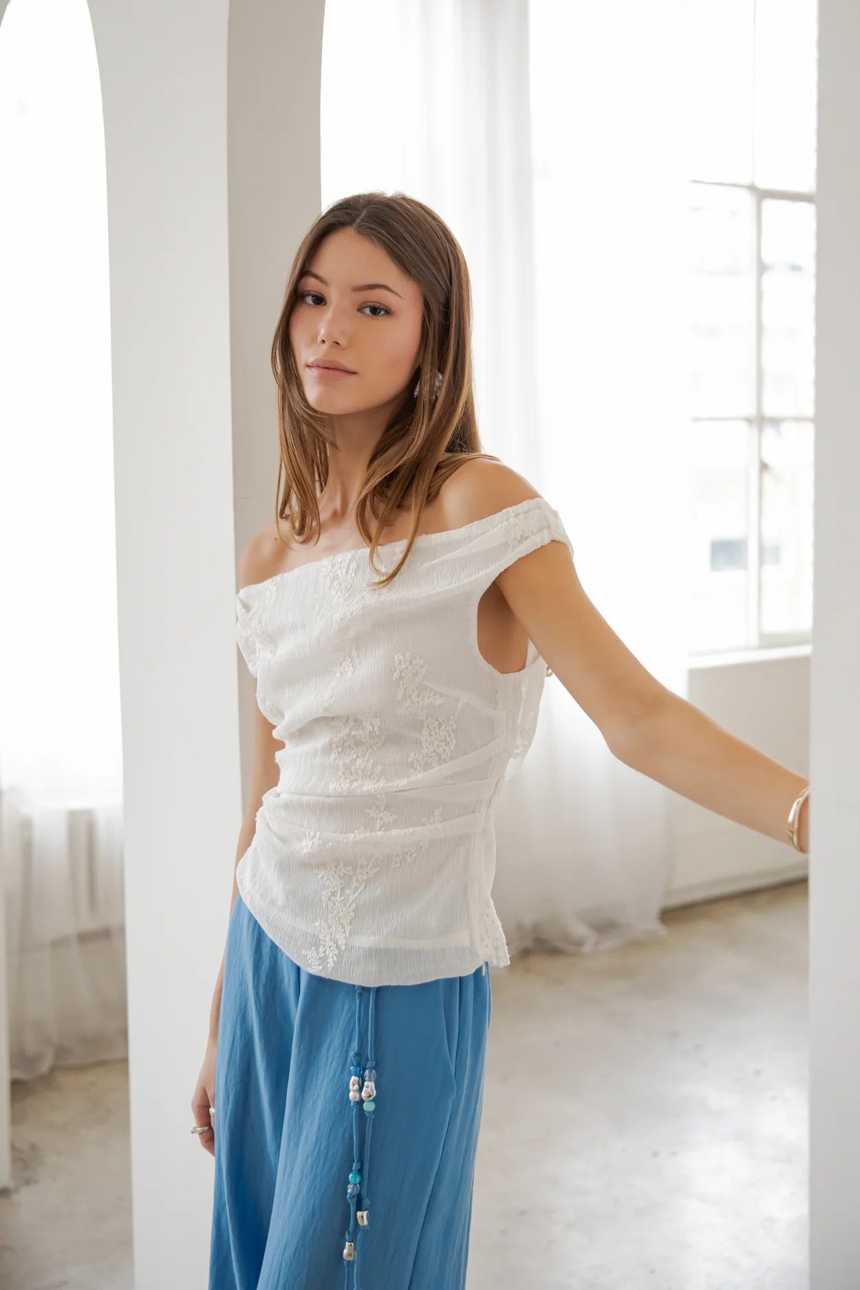 EMBROIDERED SOFT WOVEN OFF SHOULDER BLOUSE