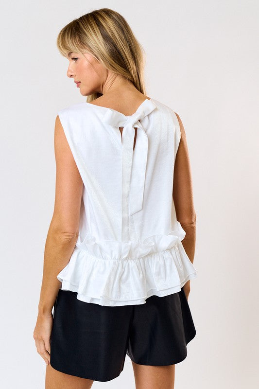 METALLIC RUFFLED BOAT NECK SLEEVELESS
TOP