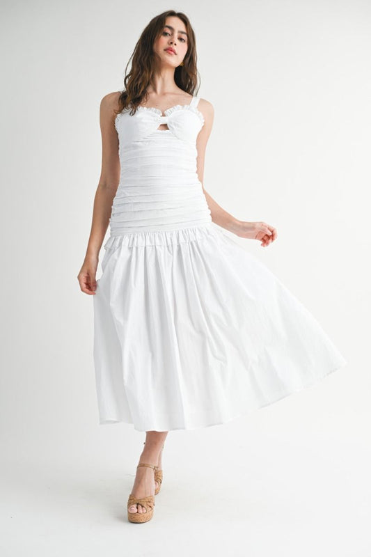 Solid adjustable strap sweetheart neckline ruched bodice low waist front cut out and ruffle trim detail midi dress.