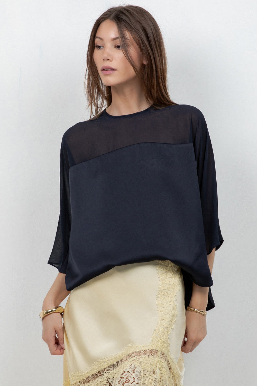 Amélie Satin Chiffon Blouse – Navy
