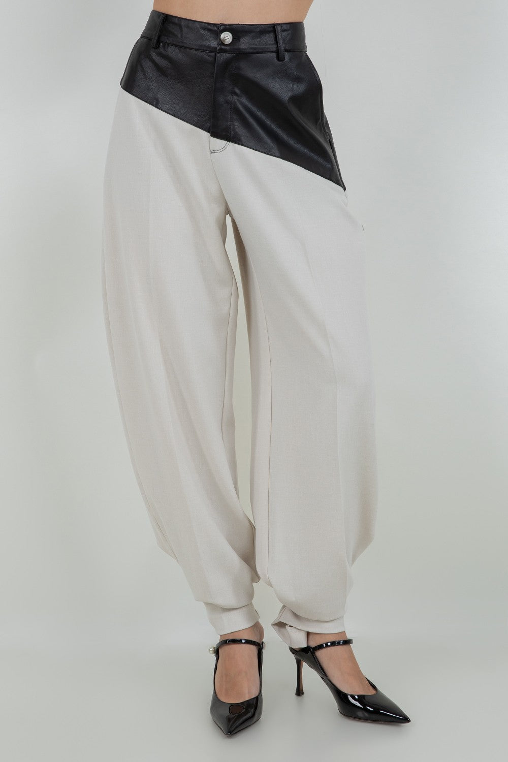 FAUX PU LEATHER COMBO TROUSERS WITH ADJUSTABLE BOTTOM
