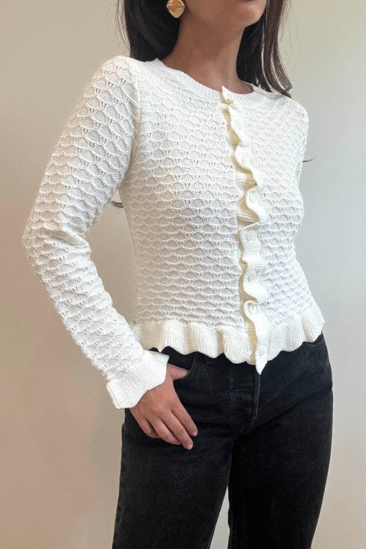 Pointelle Knit Ruffled Edges Cardigan