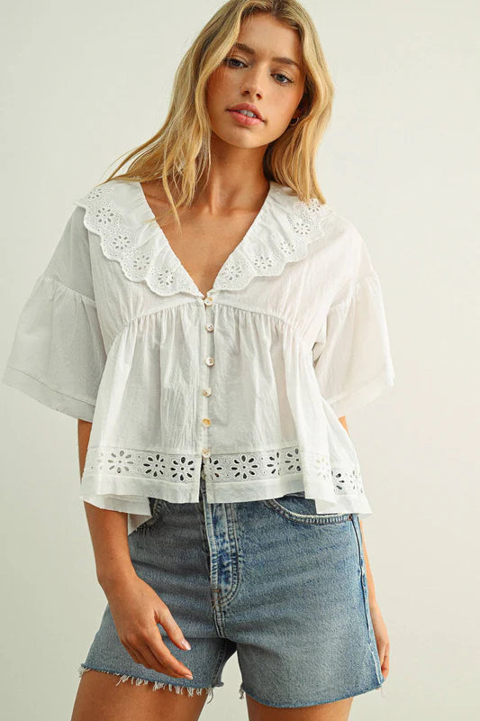 EYELET  RUFFLED BLOUSE