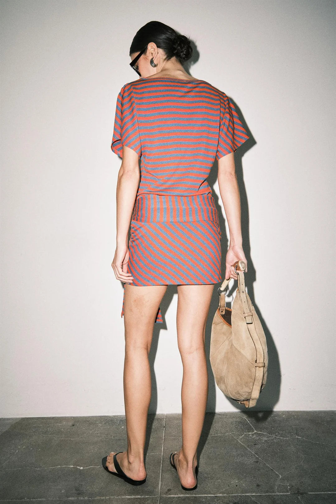 GABRIETTE STRIPED KNIT WRAP FRONT DOLMAN SLEEVE MINI DRESS