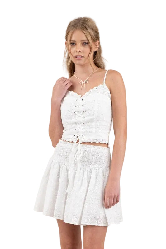 Embroidered Eyelet Lace Up Sleeveless Crop Top