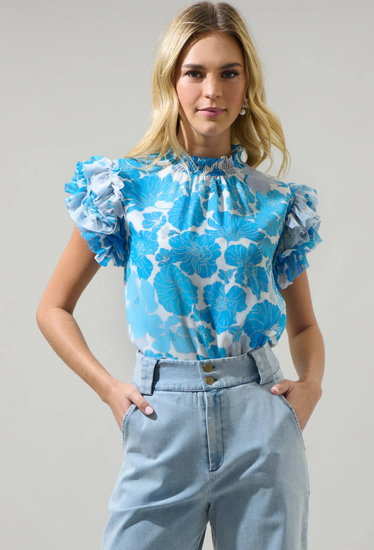 Kerela Floral Brenna Mock Neck Ruffle Blouse