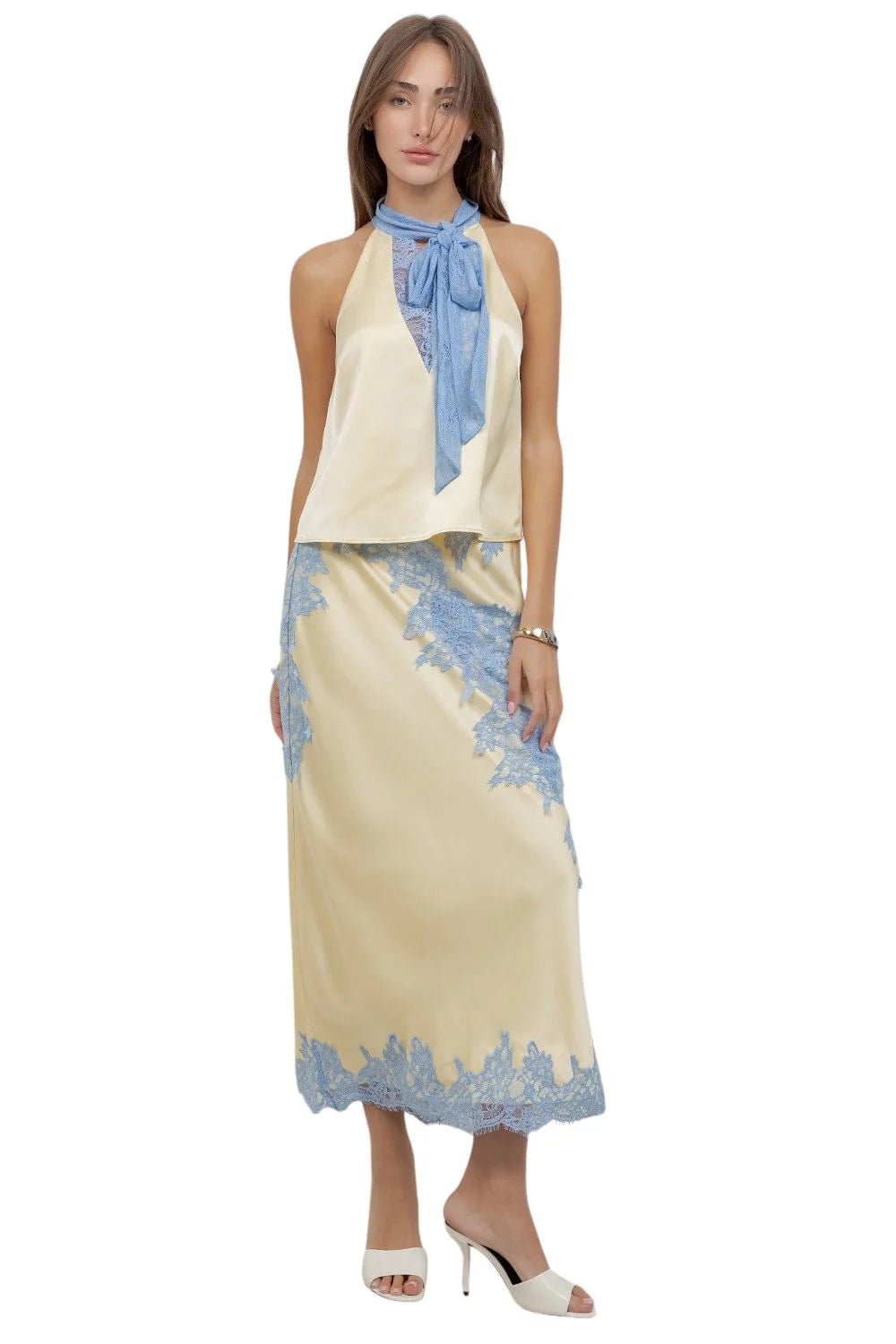 SATIN & LACE HALTER TOP & SKIRT SET - BUTTER YELLOW