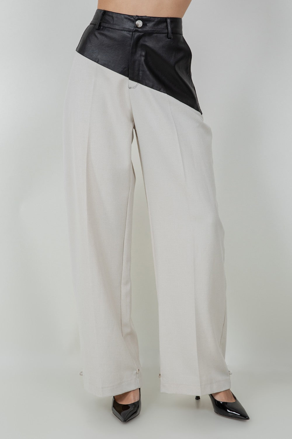 FAUX PU LEATHER COMBO TROUSERS WITH ADJUSTABLE BOTTOM