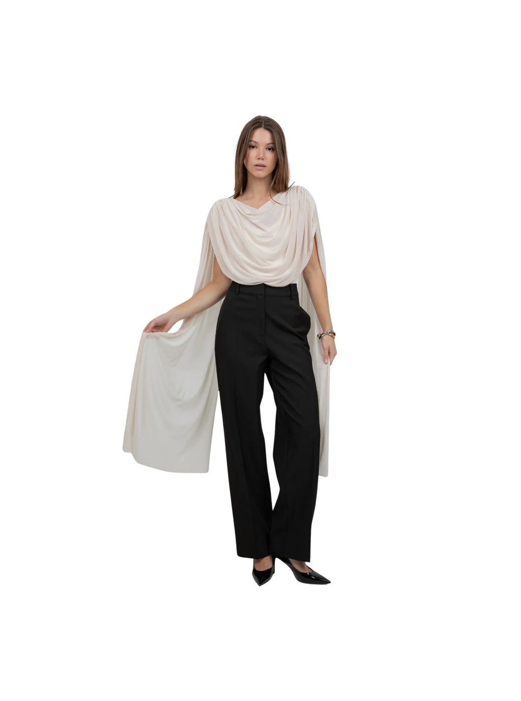 KNITTED BODYSUIT WITH CONTRAST MESH DRAPE CAPE