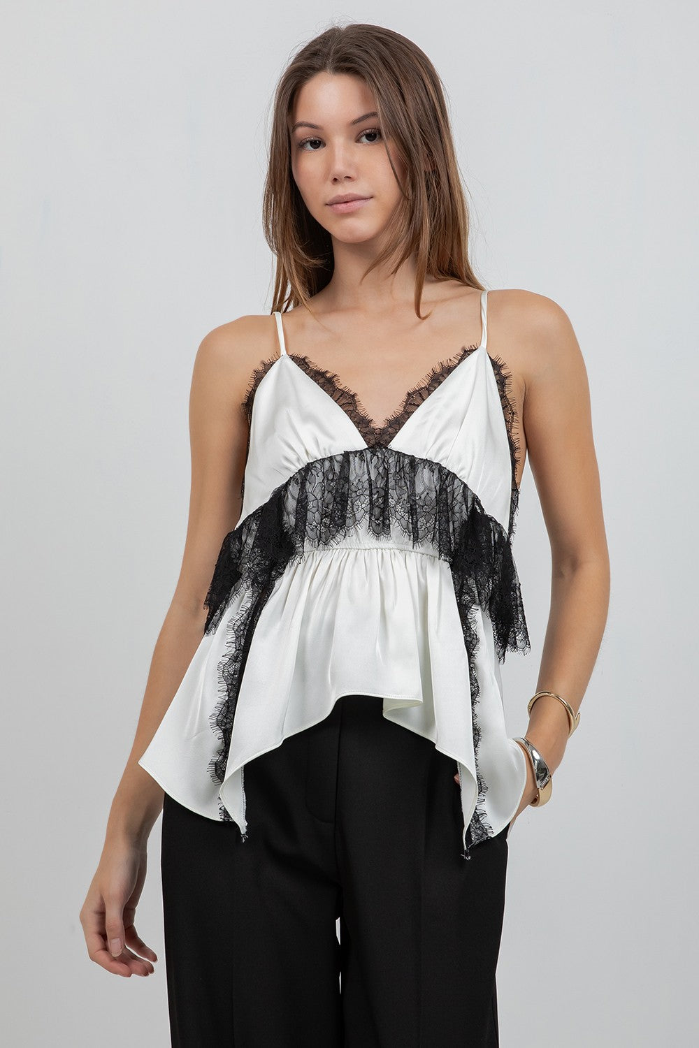 LACE MIXED SATIN CAMI TANK TOP - IVORY/BLACK