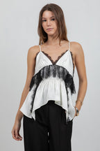 LACE MIXED SATIN CAMI TANK TOP - IVORY/BLACK