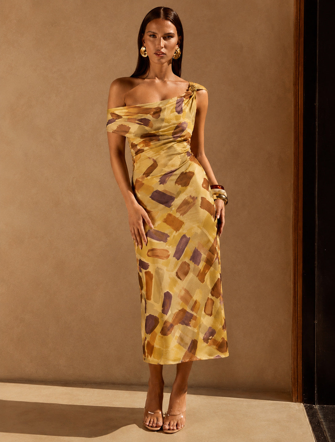 Checkmate Off The Shoulder Ruched Midi Dress