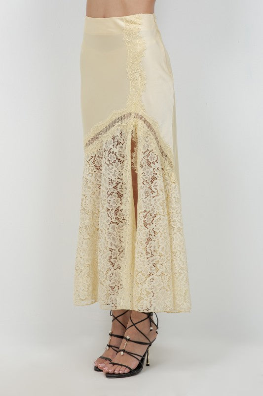 LACE SATIN MIXED ANKLE LENGTH SLIP SKIRT