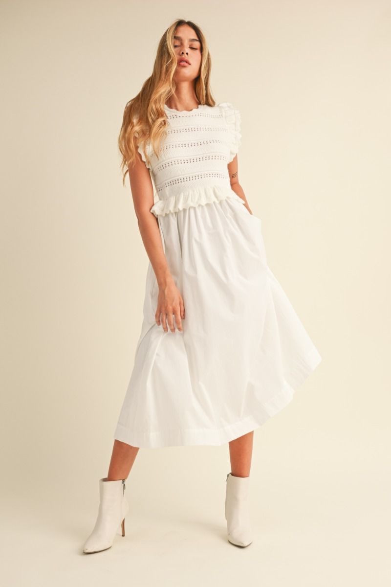 Ruffle detail sweater knit bodice and poplin woven mix skirt dress.