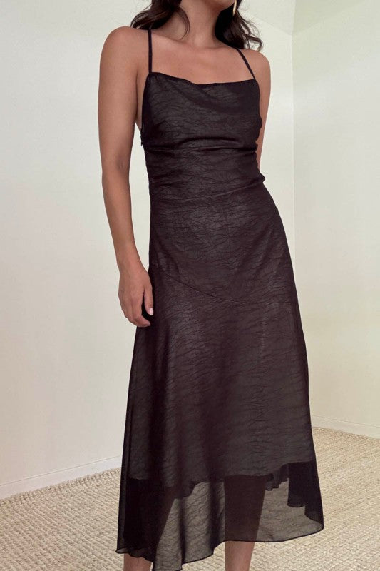 Chiffon Cross Tie Back Asymmetric Hem Midi Dress