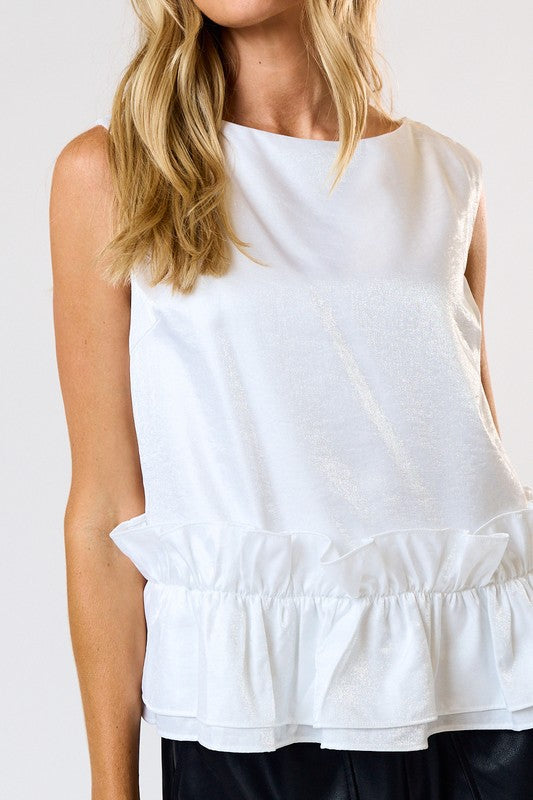 METALLIC RUFFLED BOAT NECK SLEEVELESS
TOP