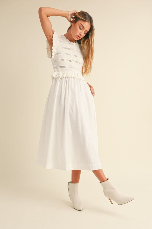 Ruffle detail sweater knit bodice and poplin woven mix skirt dress.