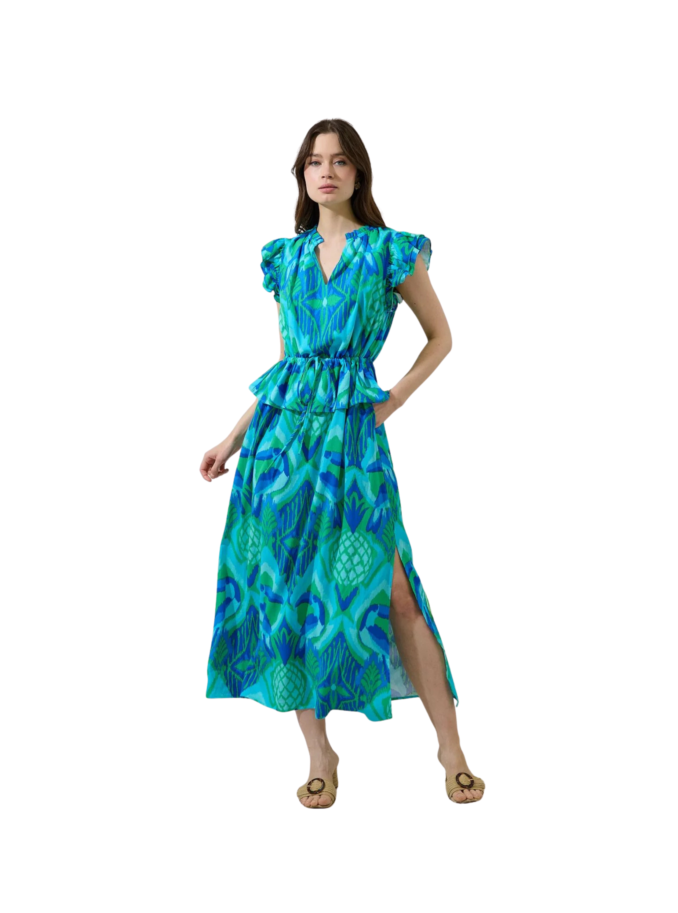 Blissy Tropical Astra Ruffle Maxi Dress