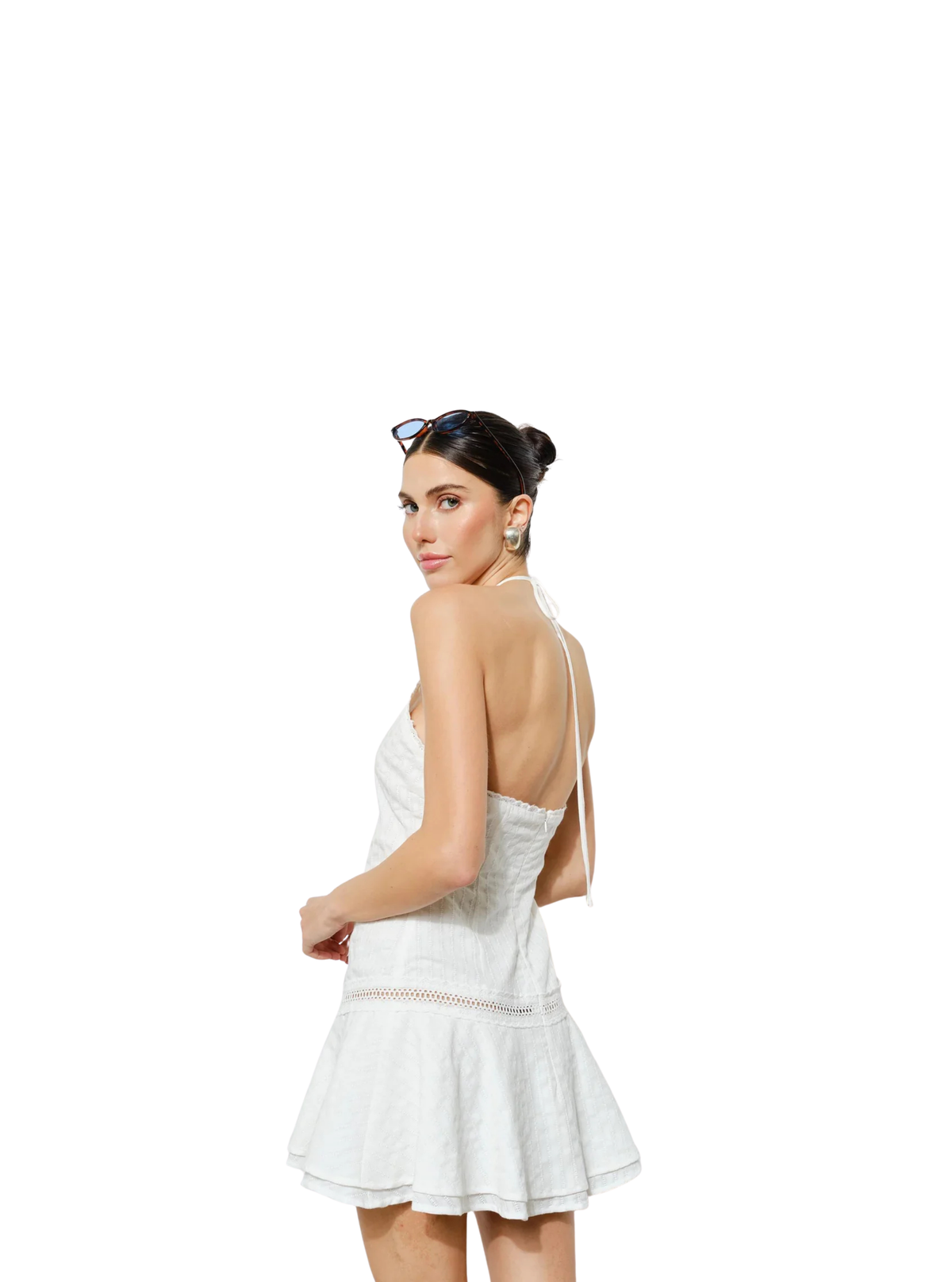MARGOT TEXTURED COTTON LADDER LACE HALTER MINI DRESS