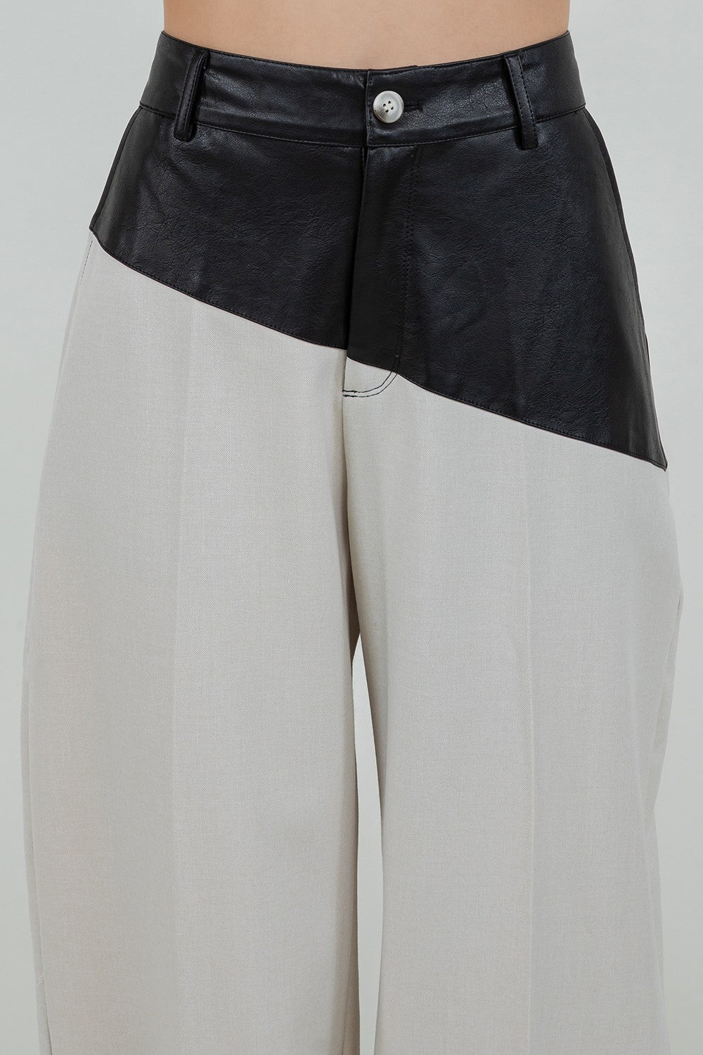 FAUX PU LEATHER COMBO TROUSERS WITH ADJUSTABLE BOTTOM