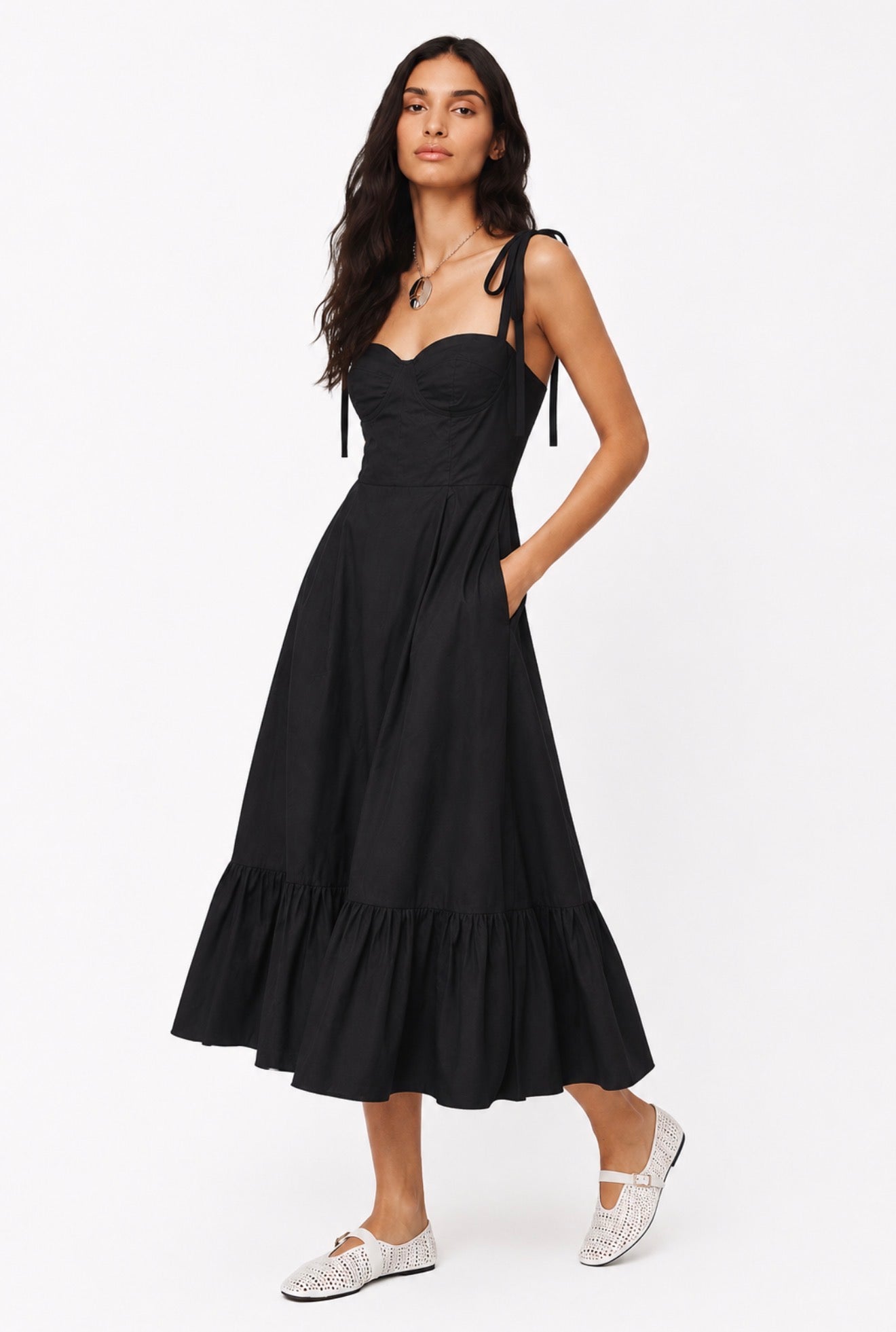 COTTON POPLIN RUCHED CORSET MAXI DRESS
