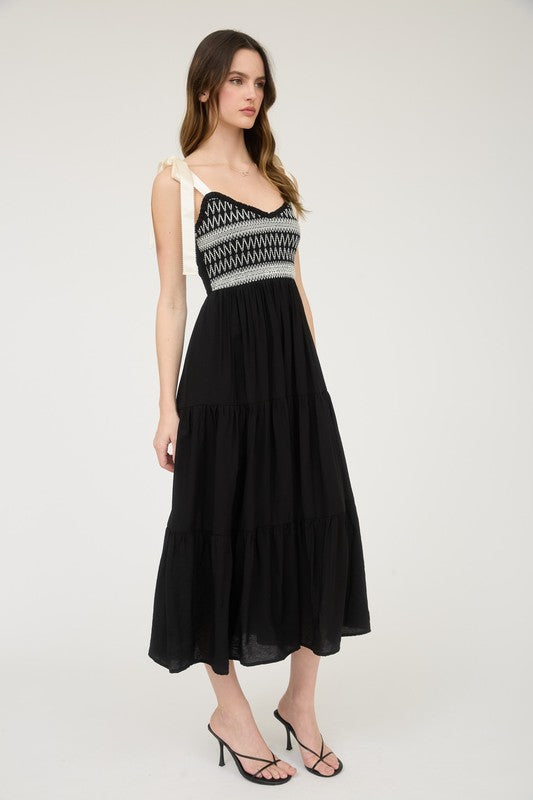 Embroidered Detail Ribbon Strap Tiered Maxi
Dress