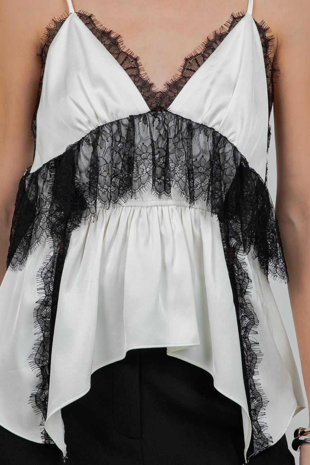 LACE MIXED SATIN CAMI TANK TOP - IVORY/BLACK