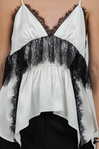 LACE MIXED SATIN CAMI TANK TOP - IVORY/BLACK