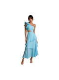 Deanna One-Shoulder Tiered Maxi Dress- blue