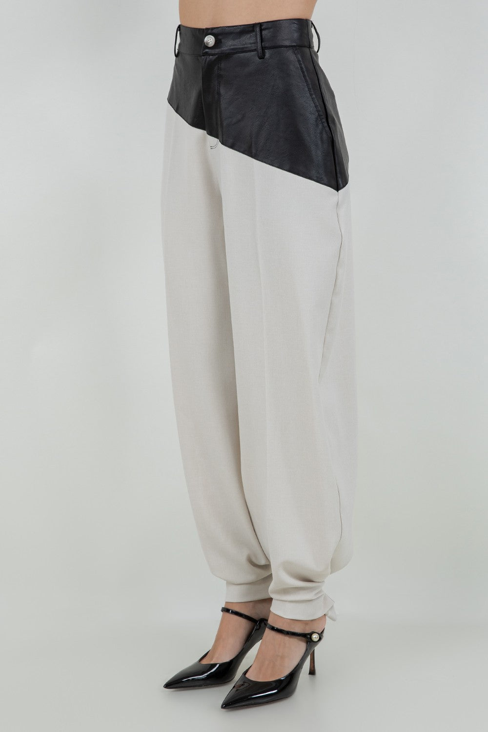 FAUX PU LEATHER COMBO TROUSERS WITH ADJUSTABLE BOTTOM