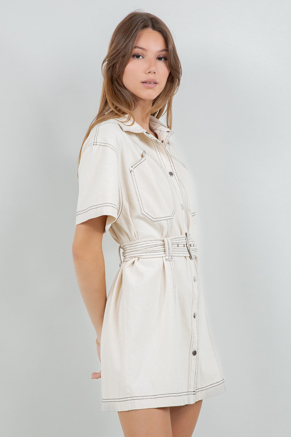 Contrast Stitching Cotton Washed Dress with belt