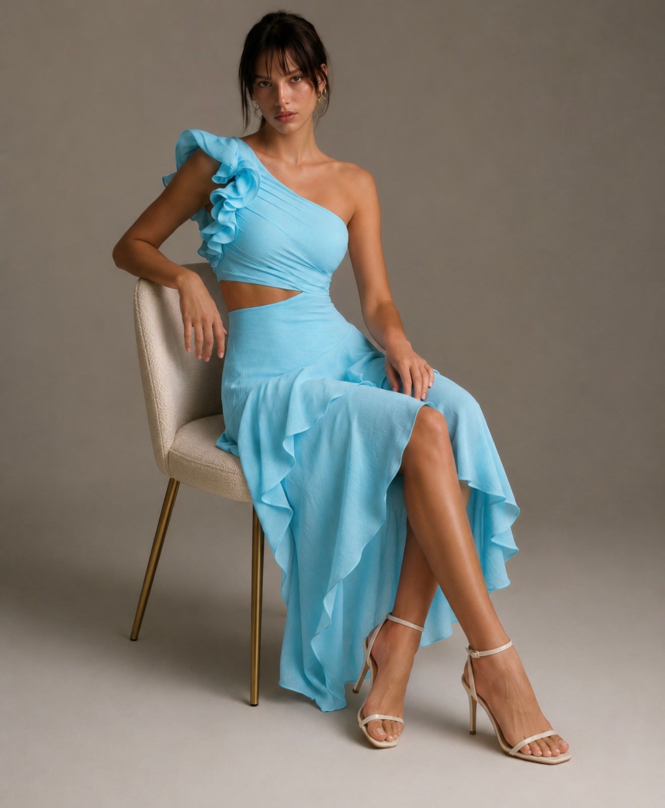 Deanna One-Shoulder Tiered Maxi Dress- blue