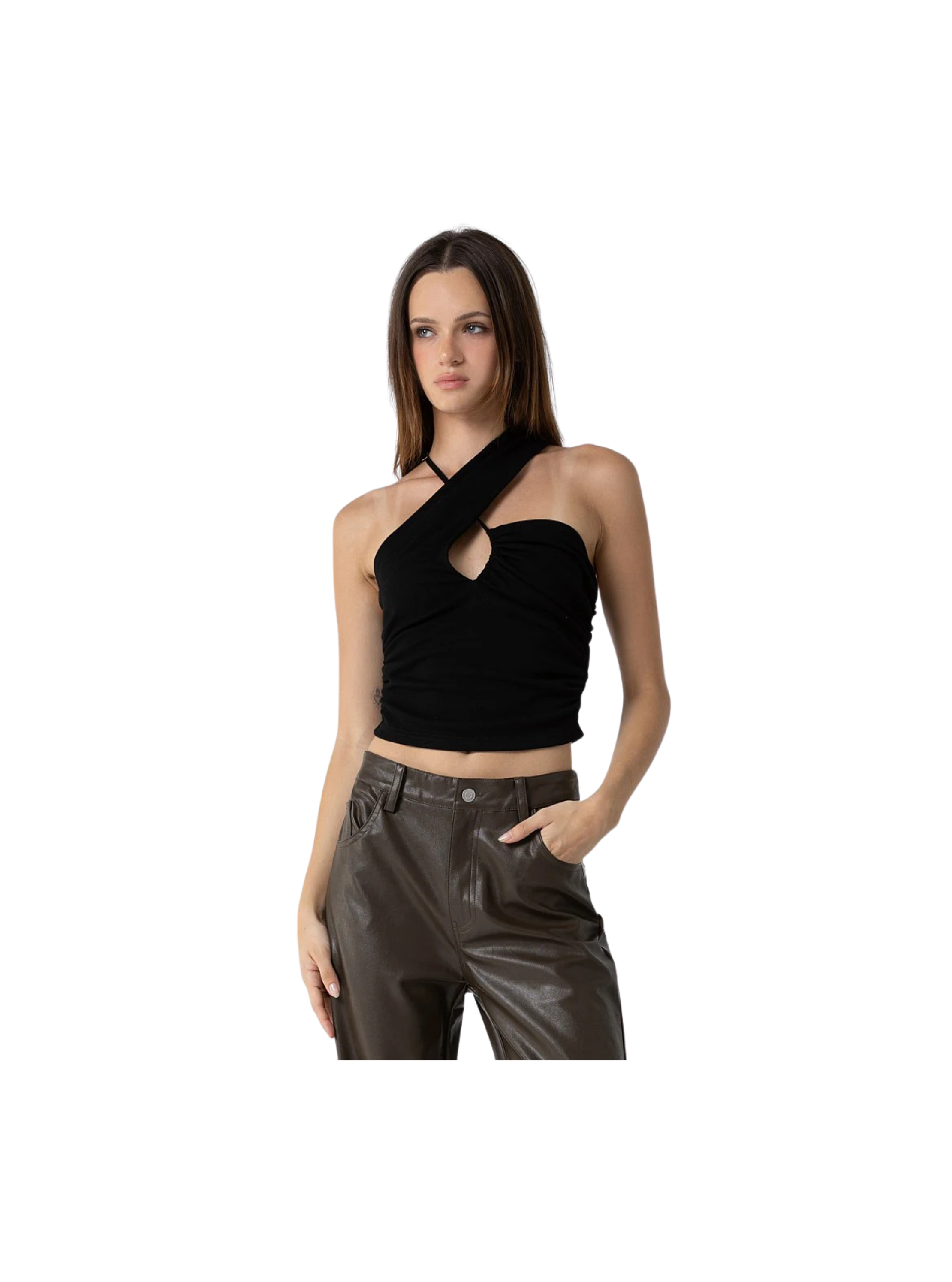 LADIES KNIT COTTON PLEATED CROSS FRONT HALTER TOP