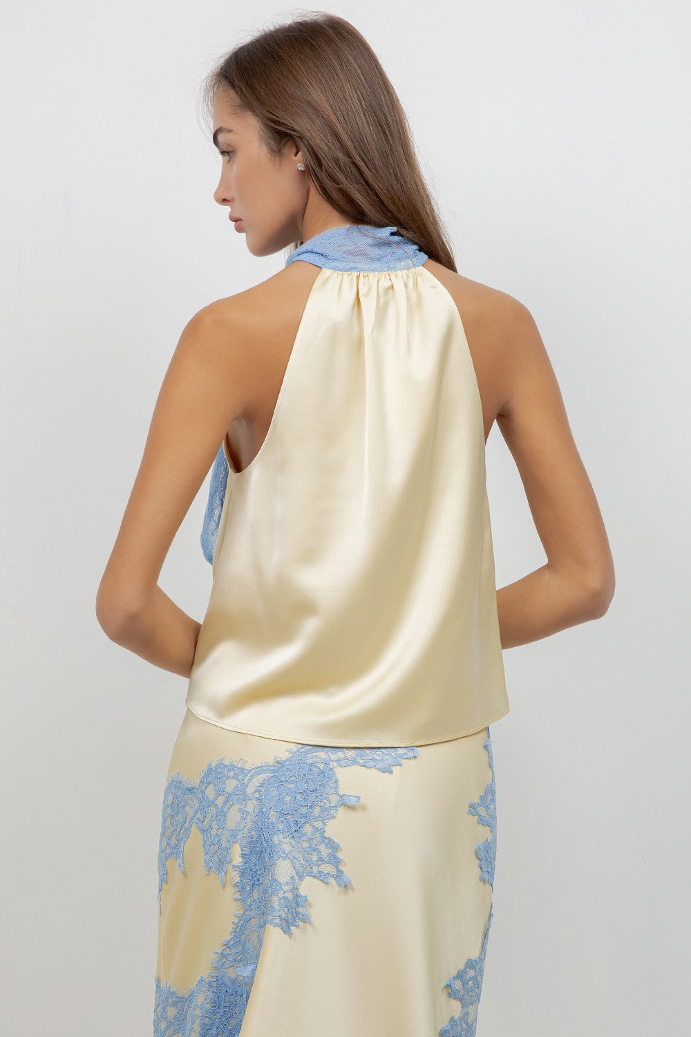 SATIN & LACE HALTER TOP & SKIRT SET - BUTTER YELLOW