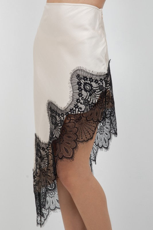 CONTRAST LACE ASYMMETRICAL SATIN
SKIRT